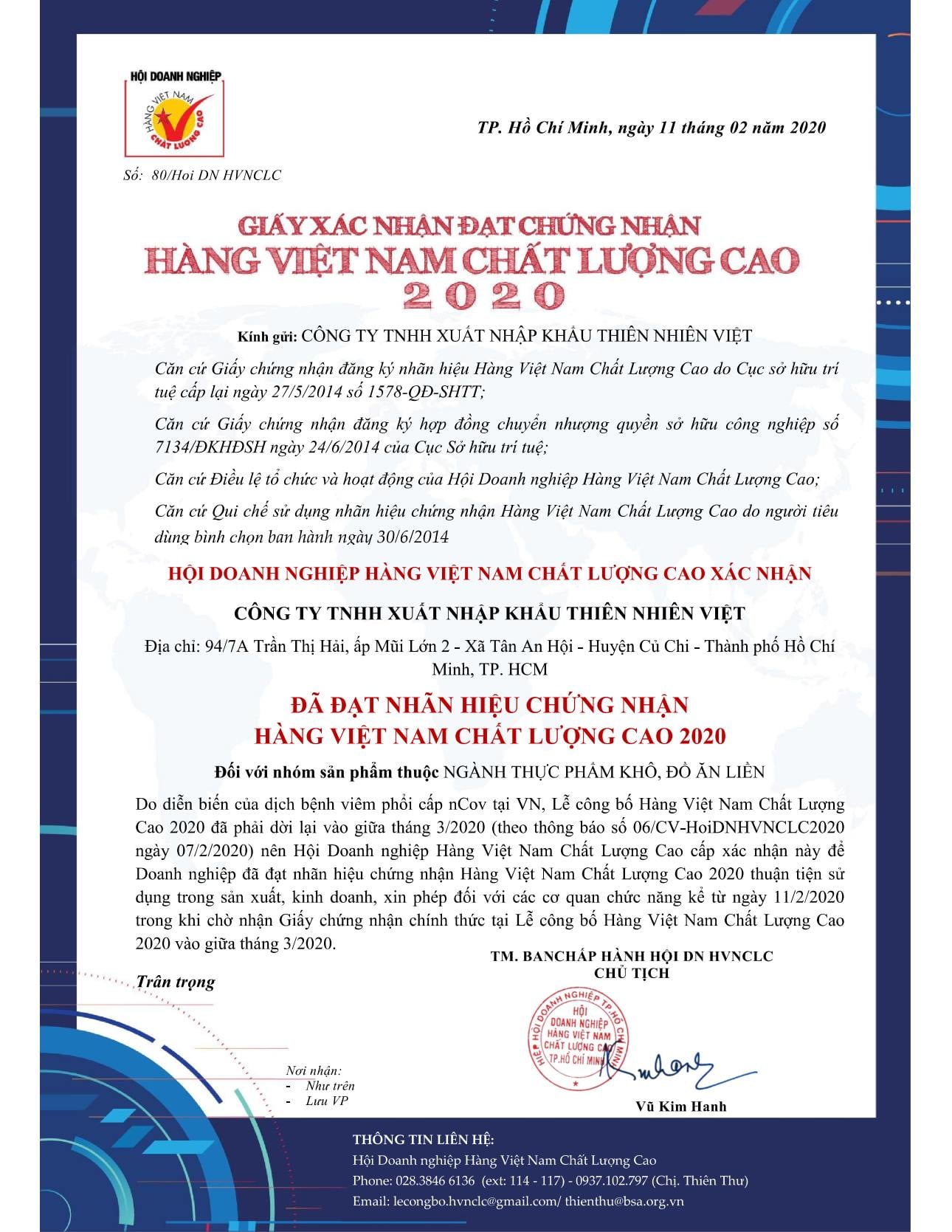 TNV-Chứng nhận hàng Việt Nam chất lượng cao